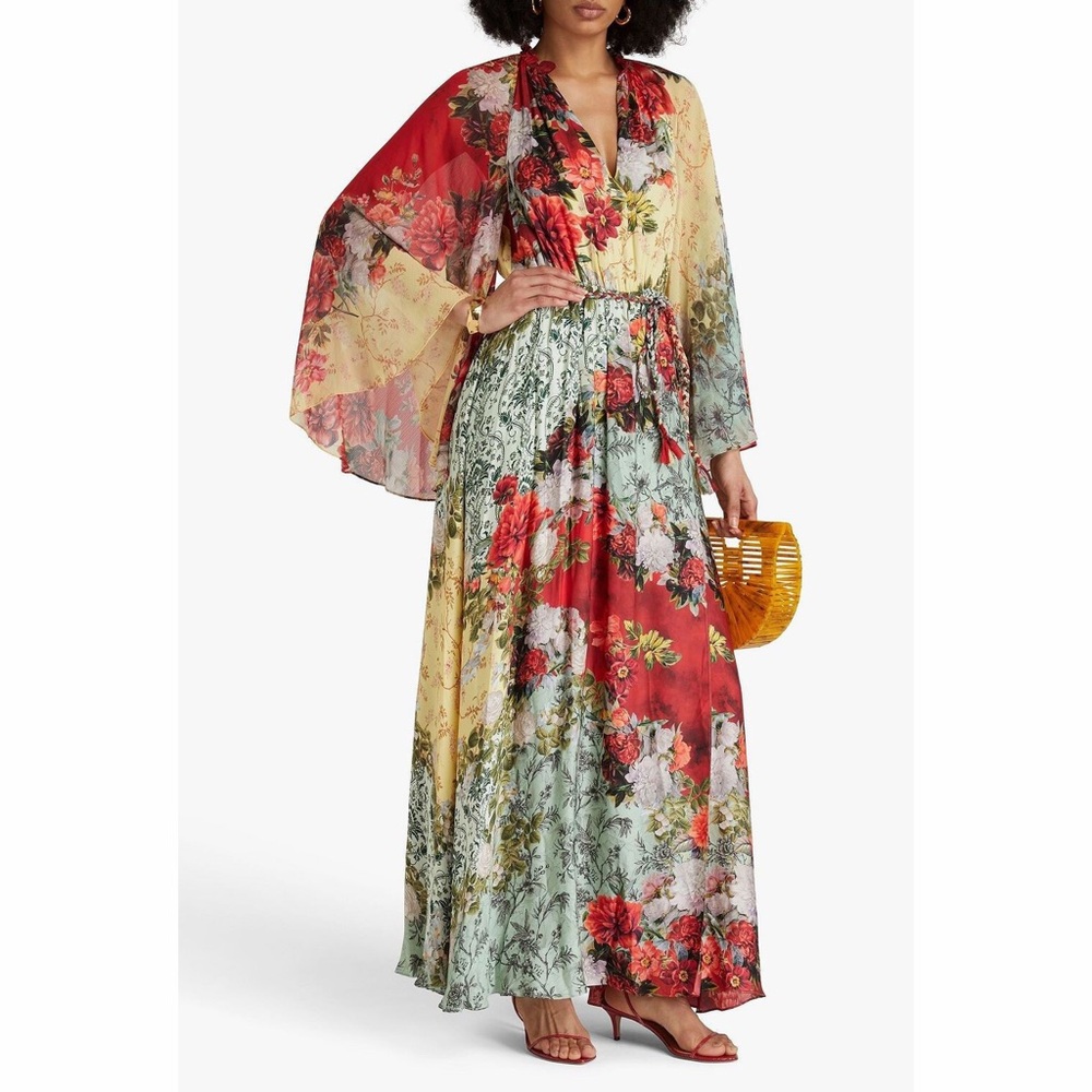 Alice + Olivia Malinda Wrap Maxi Dress Caftan Oakley Floral Print Belted 10